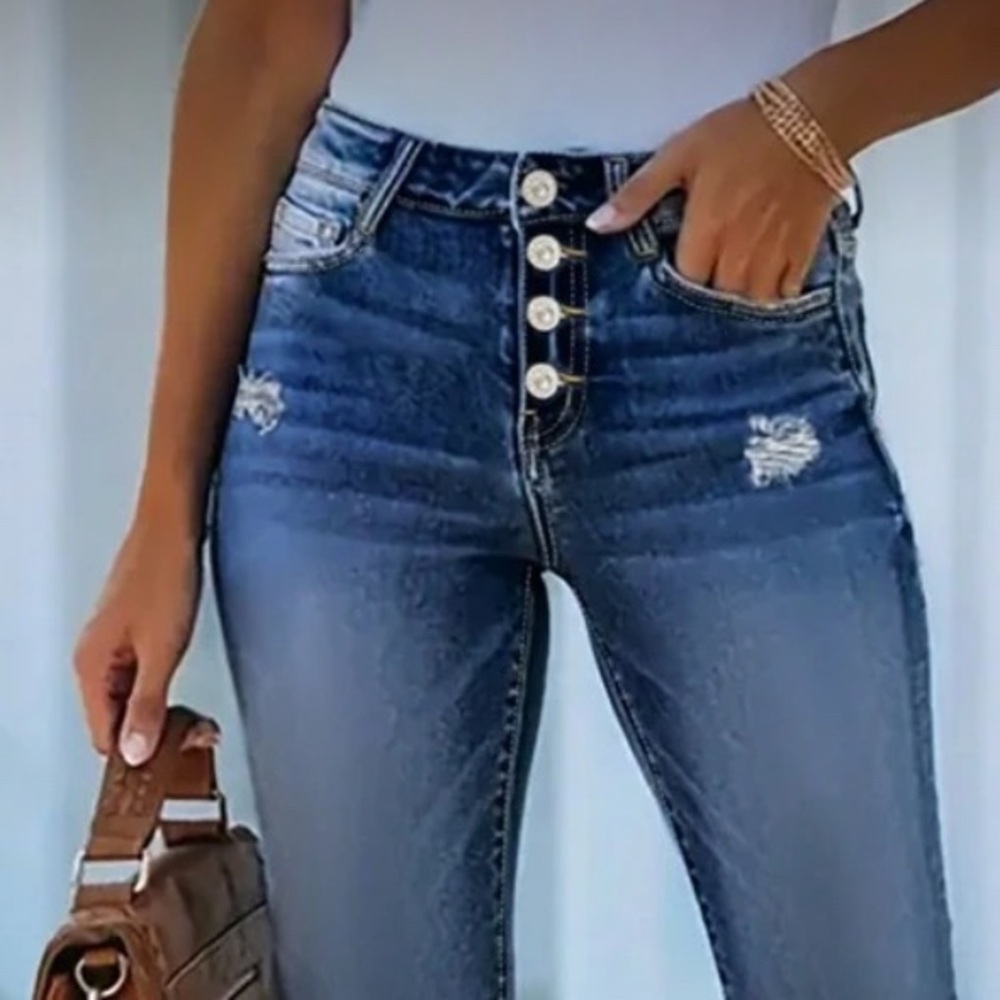 Brand New High Waisted Stretch Button Fly Crop Blue Distressed Women's Jeans. - Picture 3 of 4